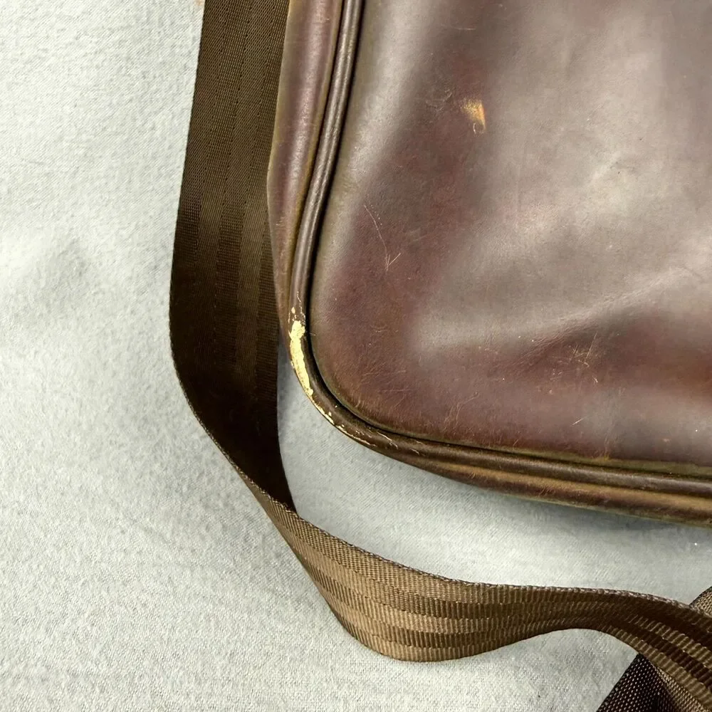 Brookstone Messenger Bag Mens Brown Leather Multi Pocket Detachable Crossbody